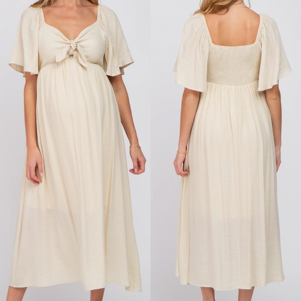 Ott Pinkblush cream beige tie front flowy sleeve midi dress. NWOT!